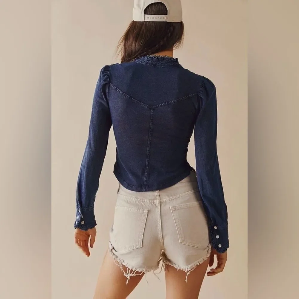 NEW Free People Going Somewhere Soft Dark Wash Denim Top Size MEDIUM